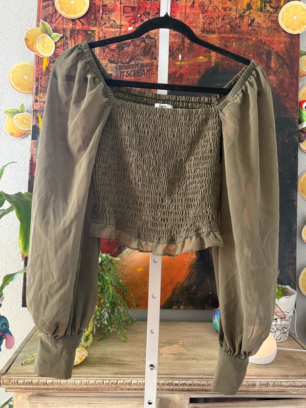 Bar III Olive Green Smocked Off-Shoulder Blouse, S